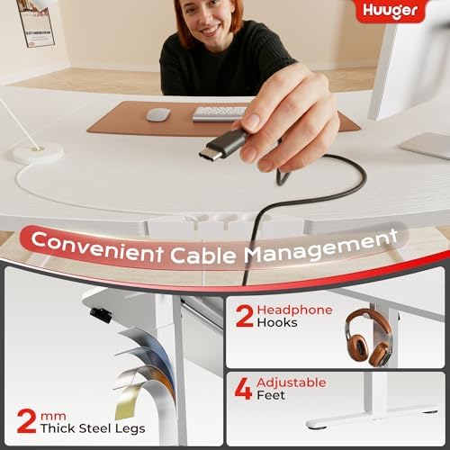 Huuger 63 X 24 Inch Electric Standing Desk with Power Outlets and USB-C Port, Height Adjustable Desk, Sit Stand Desk for Home Office, Computer & Gaming Desk with 3 Presets, Stable Steel Frame, White