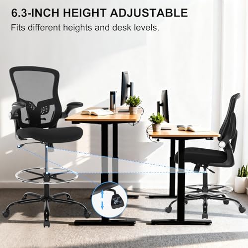 Drafting Chair, Ergonomic Tall Office Chair with Lumbar Support Standing Desk Stool with Flip-up Armrests Comfy High Office Desk Chair with Adjustable Foot Ring for Counter Height Desk, Black