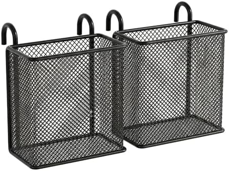 Metal striped cup with hook and loop, pencil cartridge, wall organizer, craft accessories, garage, home, office storage (black/white, square/round) (black2)