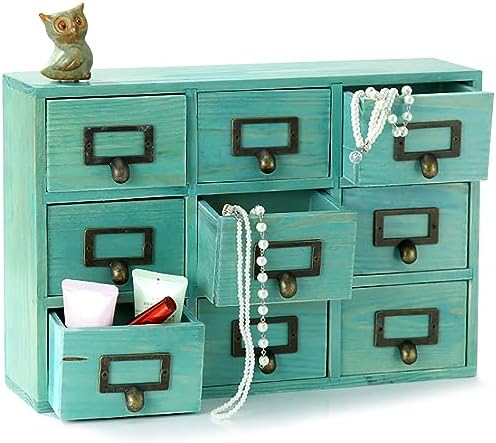 Teal Wooden Drawer Organizer for Desktop - Vintage Apothecary Cabinet w/ 9 Drawers - Wood Desk Organizer - Home Office Desk Organizers and Accessories - Tabletop Chest of Drawers for Bedroom