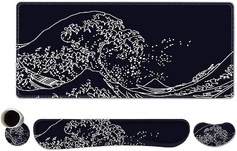 ToLuLu Extended Gaming Mouse Pad, Memory Foam Ergonomic Keyboard Mouse Wrist Rest Support Set, Large Desk Mat with Stitched Edges, Non-Slip Base Mousepad for Home Office Game, Black Wave of Kanagawa