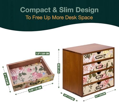 4-Drawer Vintage Desk Organizer with Jacobean Pattern Pastel Flowers Curio Drawer Dresser, Closet, Tabletop - Embroidery Reel Shelf Wood Desktop Organizing Cabinet - Victorian Floral Design
