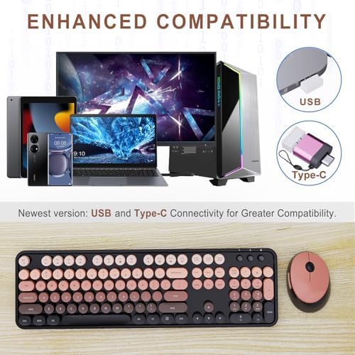 SkyGive Wireless Keyboard and Mouse Combo, Ergonomic Full Size Typewriter Retro Round Keycaps Keyboard, Compatible with Windows, PC, Perfect for Home and Office Keyboards (Aurora Red)