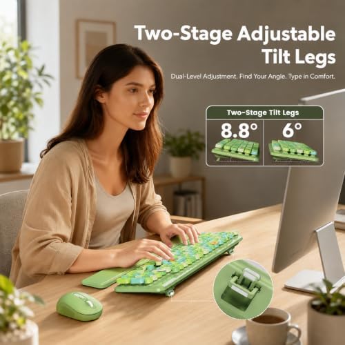 Wireless Keyboard and Mouse Combo, Round Keycap, Magnetic Wrist Rest, Green