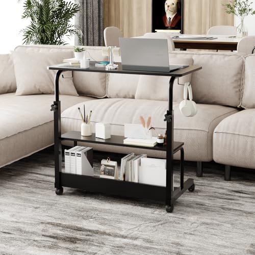 FCH 31.5" Mobile Small Standing Desk, Adjustable Height Mobile Computer Desk, w/2 AC Outlets + 3 USB Ports & Hooks, Storage Shelves, Suitable for Gaming, Studying, Home Office, Black