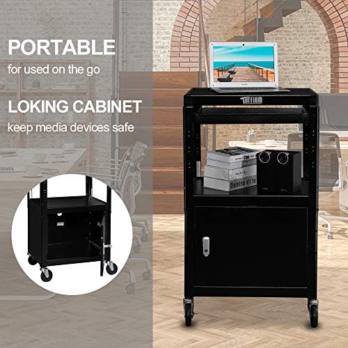 TUFFIOM AV Presentation Cart for Video Projector, Laptop Computer, Mobile Workstation Utility Media Cart for School Classroom Office, Rolling Storage Stand with Locking Cabinet Keyboard Shelf