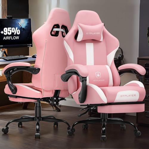 GTPLAYER Gaming Chair with Pocket Spring Cushion, Leather Office Chair with Ergonomic High Back & Lumbar Support for Back Pain Relief, Computer Game Chair for Adults, Pink