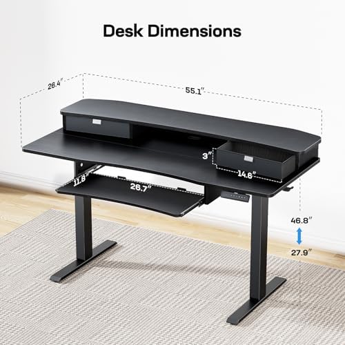 HUANUO 55" x 26" Electric Standing Desk, 2 Drawers & Keyboard Tray, Black