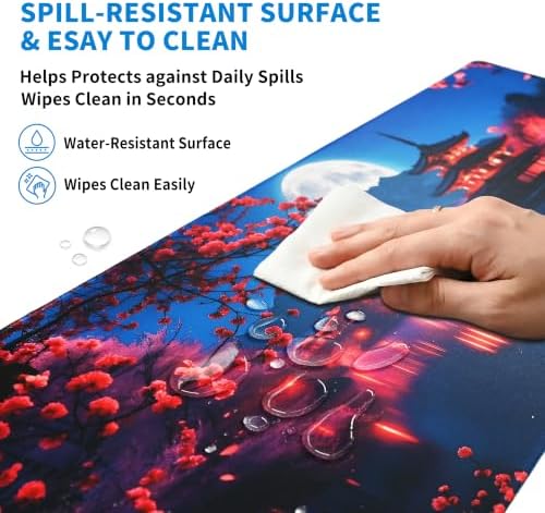 Extended Japanese Nightscape Desk Mat, XXL Large Gaming Mouse Pad, Sakura Pagoda Moon Stitched Edges Waterproof with Non-Slip Rubber Base for Computer Keyboard Laptop Work Home Office 35.4"x15.7"