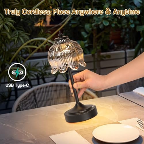 Cordless Table Lamp, Rechargeable Black Glass Lotus Flower Lamp