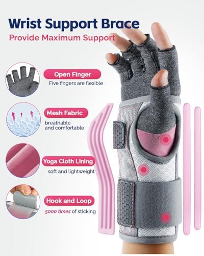 FEATOL Compression Arthritis Glove with Wrist Brace, Comfortable Fingerless Carpal Tunnel Hand Gloves for Women Night Support, Pain Relief for Rheumatoid Arthritis, Work, Typing - Left Hand, Small