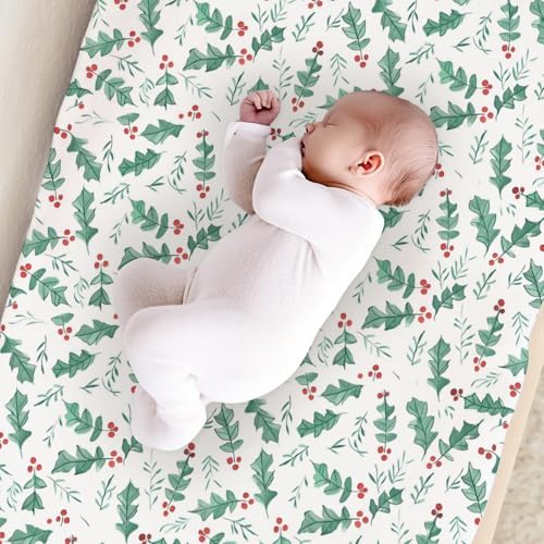 Watercolor Christmas Leaves Winter Holiday Pattern Baby Changing Pad Cover, Unisex Christmas Nursery Diaper Changing Table Pad Mat Sheet for Boys Girls-16x32