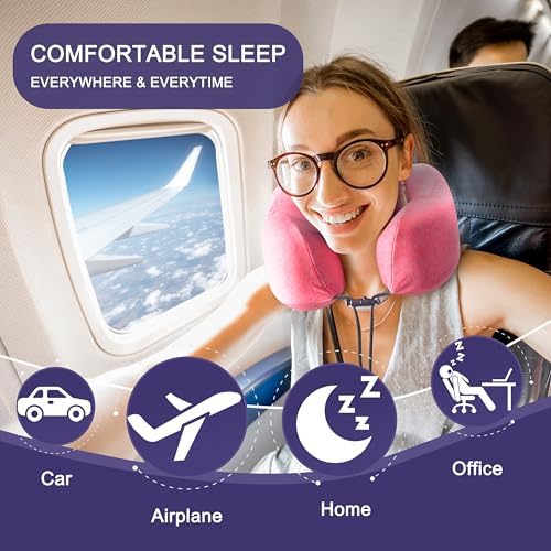napfun Neck Pillow for Travel, Memory Foam Airplane Pillow, Rose