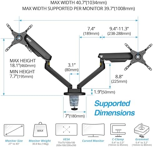 AVLT RGB Gaming Dual Monitor Arm Desk Mount for 27-43" Screens - Black