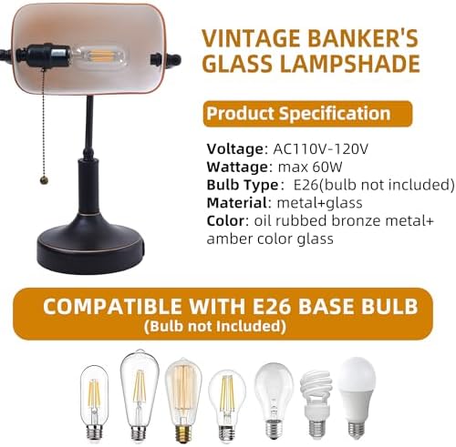 Vintage Bankers Desk Lamp with Pull Chain Switch, Traditional Desk Lamp with USB A and Type C Charging Port, Oil Rubbed Bronze Table Lamp with Amber Glass Shade for Office, Library, Study Room