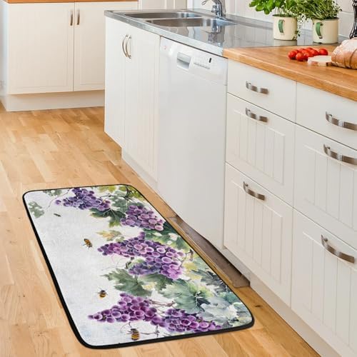 Kitchen Mats, Watercolor Bee Grapes Kitchen Rugs, Cushioned Anti Fatigue Kitchen Mats, Non-Slip Standing Desk Mat, Absorbent Kitchen Rug for Floor, Kitchen, Office, Sink, 20"×39"