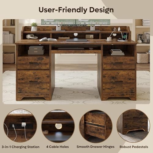 Bestier 59" Executive Desk with Charging Station & Monitor Stand, Brown