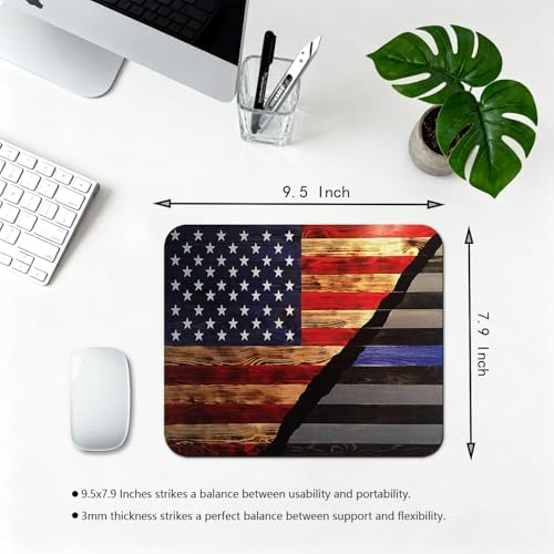 9.5x7.9 Inch Office/Gaming Mouse Pad, Rustic Patriotic American Flag Split Design Wooden Thin Blue Line Honor & Pride, Cute Anti-Slip Mat for Desk Decor