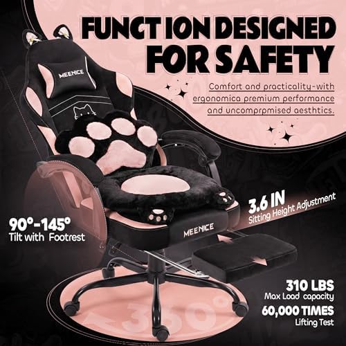 Pink Gaming Chair Cute with Cat Ears Paw Lumbar and Cushion,Ergonomic Computer Chair with Footrest,Reclining PC Game Chair for Girl Computer Chair 300lbs for Adult