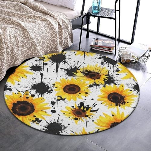 Home Decor Non Slip Kitchen Office Circle Rug, Machine Washable Modern Round Area Rug, Room Sofa Yoga Soft Round Carpet 80s Vintage Sunflower Cow Print, 36inch