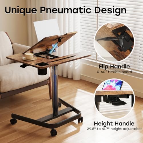 JOY worker Mobile Sit Stand Desk, 60° Tiltable Portable Desk, Rustic Brown