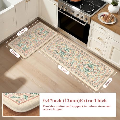 Collive Kitchen Rugs Sets of 2 Cushioned Anti Fatigue, 20"x47"+20"x32"