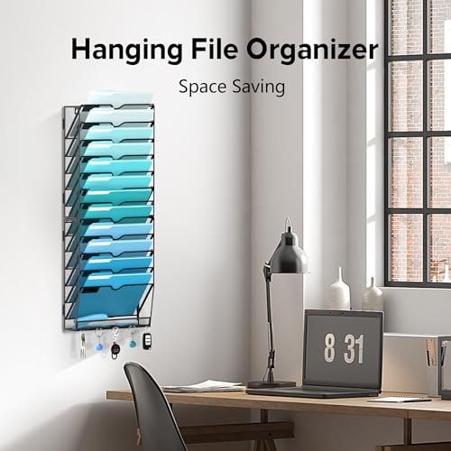 13-Tier Wall File Organizer and Mail Organizer with 5 Hooks, Black