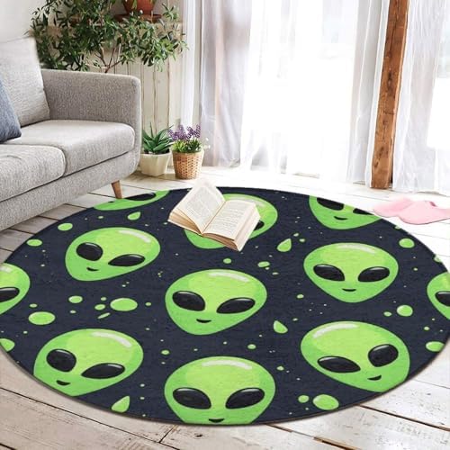 Soft Round Yoga Carpet, Large Home Decor Mat, Non Slip Machine Washable Kitchen Office Circle Rug Alien Green