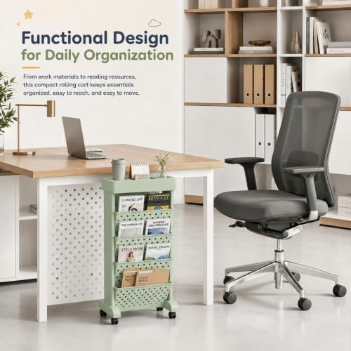 5-Tier Rolling Bookshelf Cart with Wheels, Green