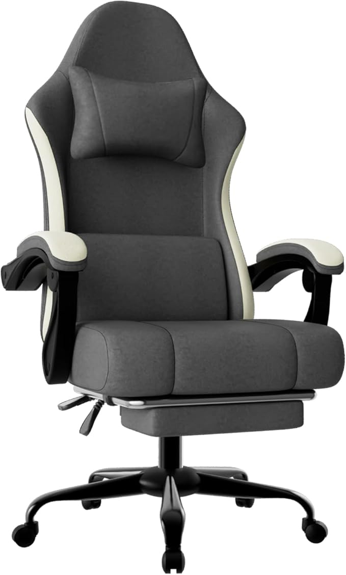 Gaming Chair, High Back Fabric Computer Chair with Pocketed Spring Cushion and Footrest, Height Adjustable Game Chair with Headrest and Lumbar Support (Beige & Gray)
