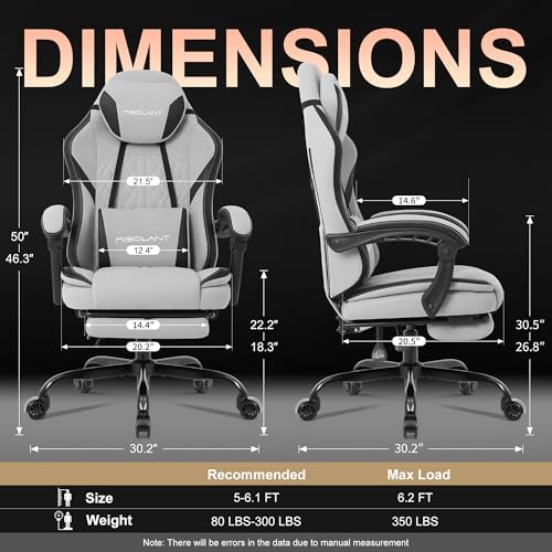 Misolant Gaming Chair, Fabric Gamer Chair with footrest for Adults, High Back Ergonomic Computer Game Chair with Adjustable Headrest and Massage Lumbar Support, 90-155° Recline Free, Gray