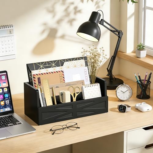 Mail Organizer Countertop, Wood Mail Holder Sorter for Desk, Rustic Bill Storage Organizer Box, Office Letter Basket for Document File Folder Paper Envelope (Black)