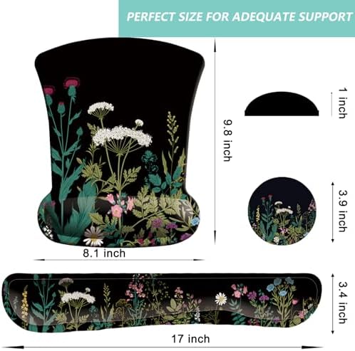 Keyboard Wrist Rest Pad Mouse Pad with Wrist Support Set of 3, Gaming Mousepad with Non-Slip Rubber Base, Ergonomic Memory Foam Mouse Cushion Support for Home Office Laptop Computer, Flowers Grass