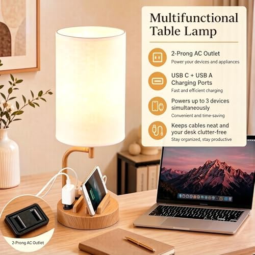 Dreamholder Touch Control USB Table Lamp with USB C/A & AC Outlet, 3-Way Dimmable Bedside Lamp, Modern Nightstand Lamps for Bedroom Living Room Guest Room Office, Bulb Included, Woodgrain