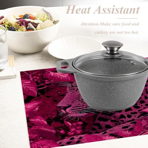 Shrahala Cute Leopard Placemats, Amaranth Leaves Pink and Black Table Mat Linen Burlap Washable Double-Deck Heat Insulation for Dining/Kitchen Table Set of 8 (12 X 18 Inch)