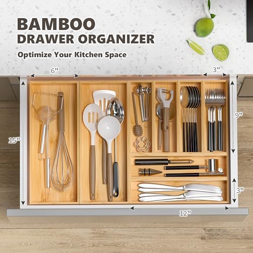Bamboo Kitchen Drawer Organizer, Deep 2-Pack, 12" x 3" x 2.5"