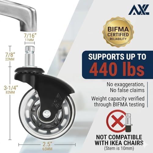 AXL Office Chair Caster Wheels Replacement - Silent Inline Skate Style Chair Casters (Set of 5), Safe for Hardwood Floors & Carpet, Universal Fit (Black/Clear)