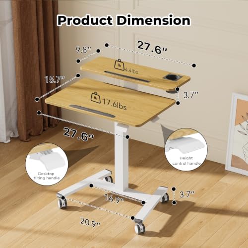 28" Mobile Standing Desk, Tiltable Top with 2-Tier Shelves, Maple