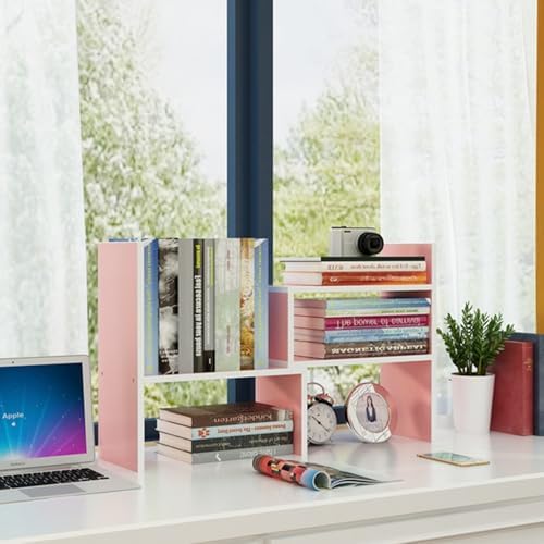 Desktop Shelf Organizer, Adjustable Wood Office Storage Rack, Counter Display Small Bookshelf for Home/Office/School(Pink)