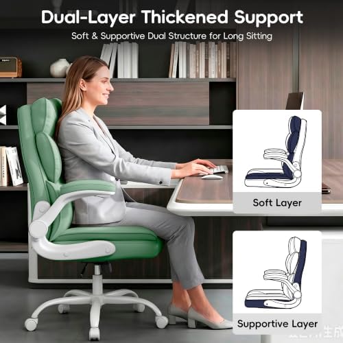 Vonesse Office Chair, Desk Chair with Flip-up Armrests, Gaming Chair with Double-Layered Soft Backrest,PU Leather Computer Executive Chair with Breathable Seat Cushion (Green)
