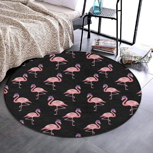 Home Decor Non Slip Kitchen Office Circle Rug, Machine Washable Modern Round Area Rug, Room Sofa Yoga Soft Round Carpet Pink Flamingos Lovers