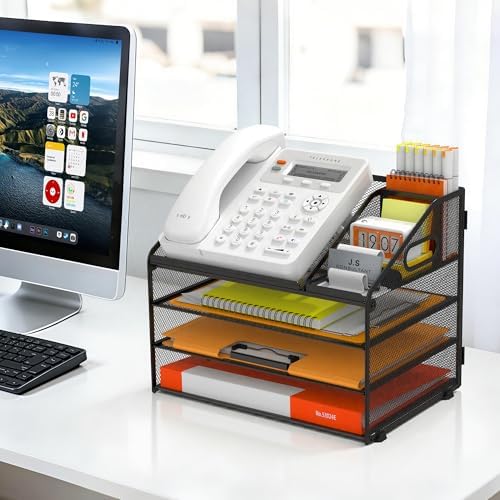 DocNest 4 Tier Metal Mesh Desk File Organizer with Phone Shelf, Black