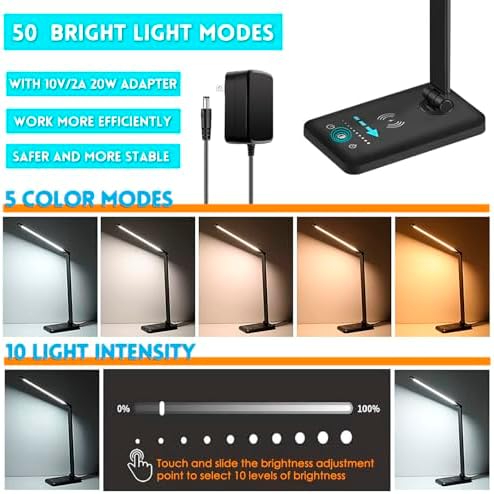 LED Desk Lamp with Wireless Charger, USB Charging Port, Eye Care