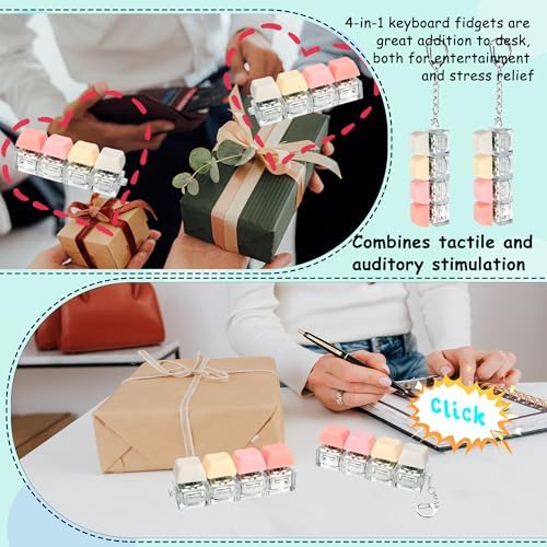 2 PCS Keyboard Fidget Toy, Keyboard Fidget Keychain 4-in-1 Keyboard Decompression Button Finger Clicker Toys, Button Stress Relief Fidget Gifts to Relief Stress (Fours Colors-Pink Yellow White)