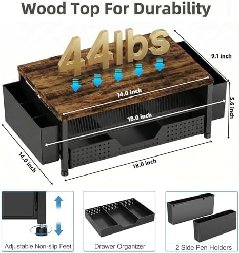 LEKETREE Wood Desk Organizer, 2-Tier Computer Monitor Stand Riser with Storage Drawer and 2 Pen Holders, Laptop & Printer Stand, Shelf for Top of Desk (Rustic Brown)