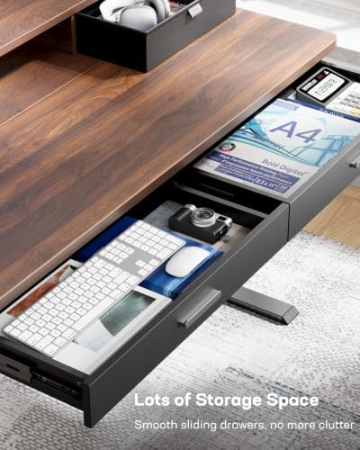 HUANUO 55 x 30 inch Electric Standing Desk with 2 Wood Drawers, Adjustable Height Sit Stand Desk for Home Office, Ergonomic Stand up Desk with 4 Memory Presets, 176 lbs Capacity, Walnut Top