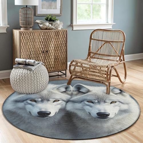 Men's Large Home Decor Mat, Soft Round Yoga Carpet, Non Slip Machine Washable Home Office Circle Rug Wolves