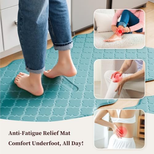 Arenarug Upgrade Scalloped Embossed Kitchen Mats for Floor 2PCS Cushioned Anti Fatigue Waterproof Foam Kitchen Rugs Non Slip Washable Comfort Standing Mat for Sink Laundry, 17.3"x30"+17.3"x59", Blue