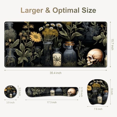 Large Mouse Pad with Wrist Support 4 in1 Set, XXL Big Game Mousepad + Keyboard Wrist Rest+Mouse Wrist Rest+Coaster Gaming Mat for Home Office Computer I Black Academia Mystical Green Plant