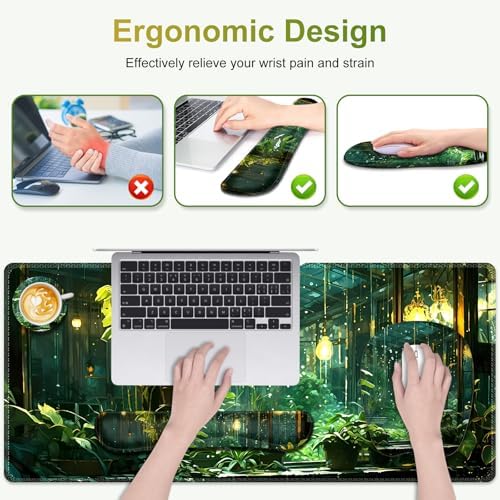 Large Mouse Pad with Wrist Support 4 in1 Set, XXL Big Game Mousepad + Keyboard Wrist Rest+Mouse Wrist Rest Pad +Coaster Gaming Mat for Women Men Home Office Computer I Green Plants Romantic Rain